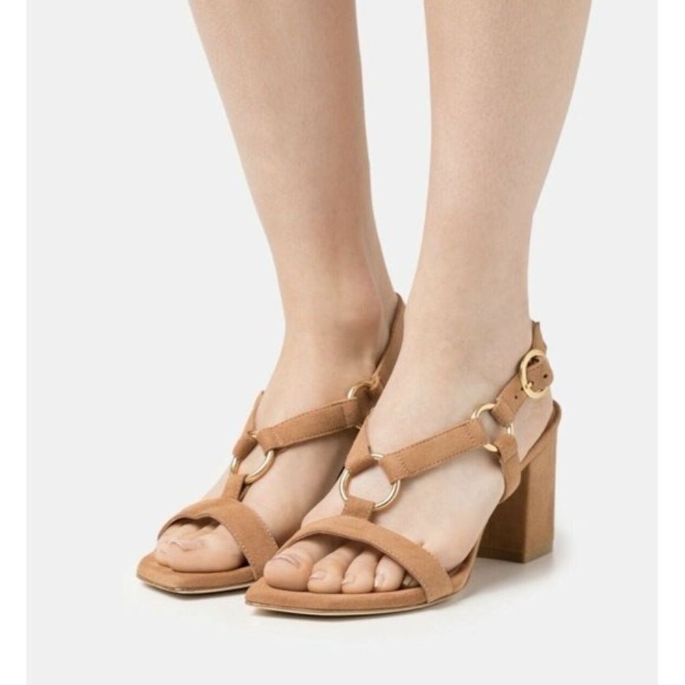 Stuart Weitzman Lalita 75 Suede Block Sandal Tan Size 10